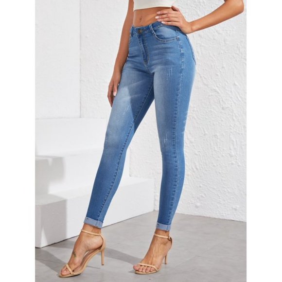 shein womens stonewash cat whiskers skinny jeans medium cuffed ankle med wash - Picture 5 of 9